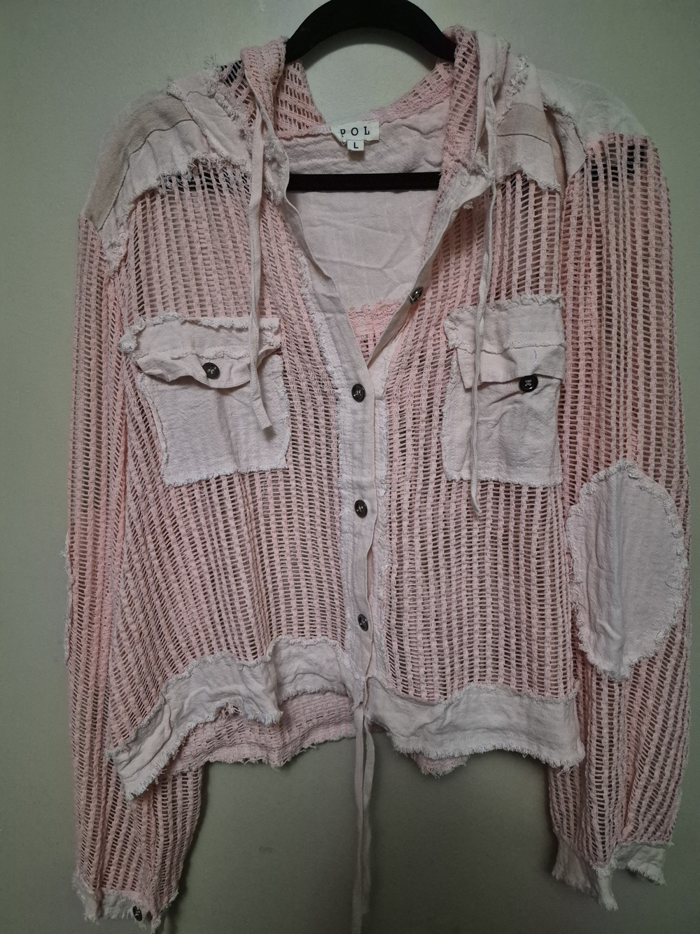 POL Pink Open-Knit Hooded Button Cardigan Sweater